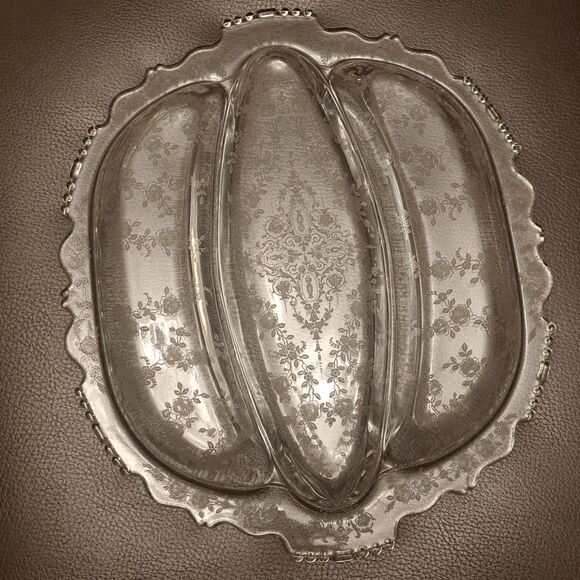 Vintage Tiffin Glass Cherokee Rose Double Handle 3 Section Divided Serving Tray - Picture 6 of 9